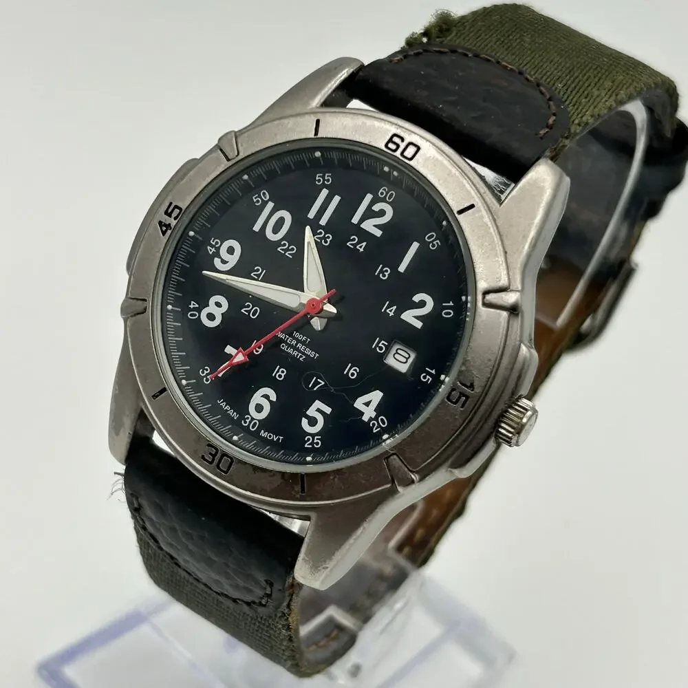 Puritan Field Men's Watch Black Dial Green Fabric Band Working New Battery
